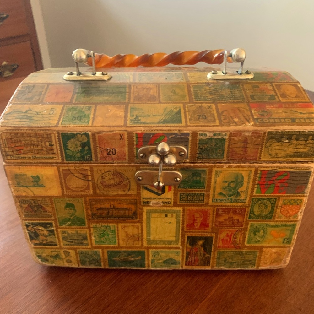 Vintage postage stamp wooden purse